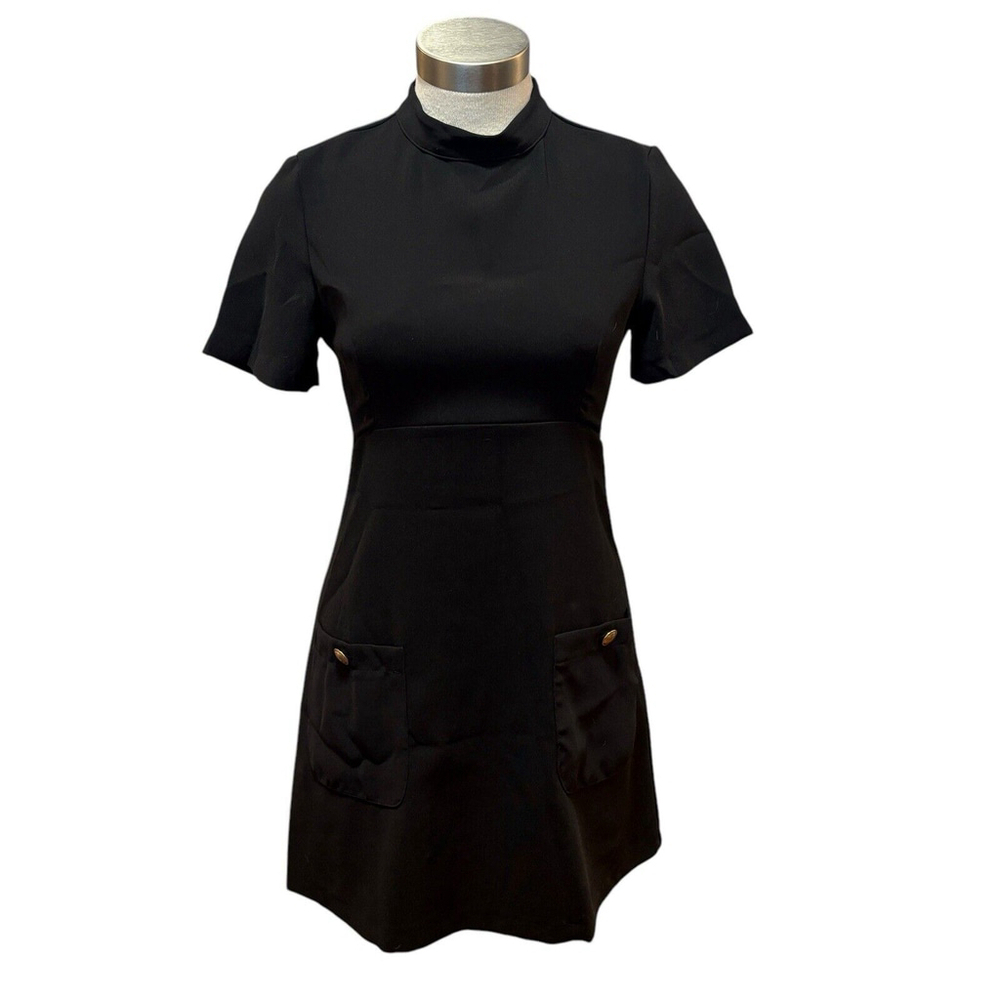 NWT Zara Dress Black Short Sleeve Gold Buttons Pockets Mock Neck Keyhole Sz. S